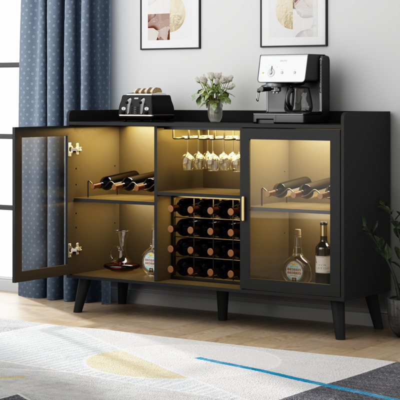Ermo Wine Bar Cabinet With Led Light%2C Home Coffee Cabinet With Wine And Glass Rack 
